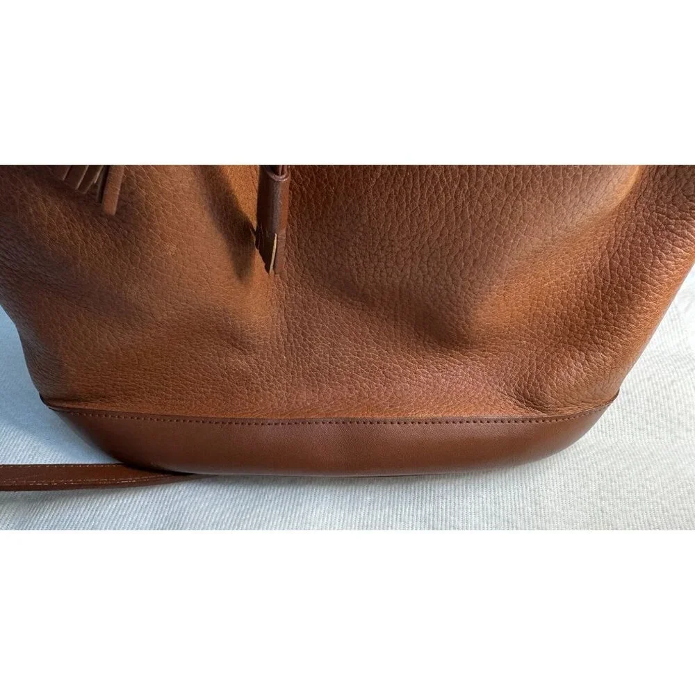 BURBERRYS Brown Leather Drawstring Bucket Bag COA Nova Check Haystack Lining VTG - Picture 4 of 14